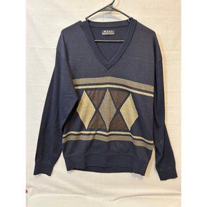 Wool Style Italy V-neck Sweater Vintage Leather Cozy Warm Navy Long Sleeve XXL